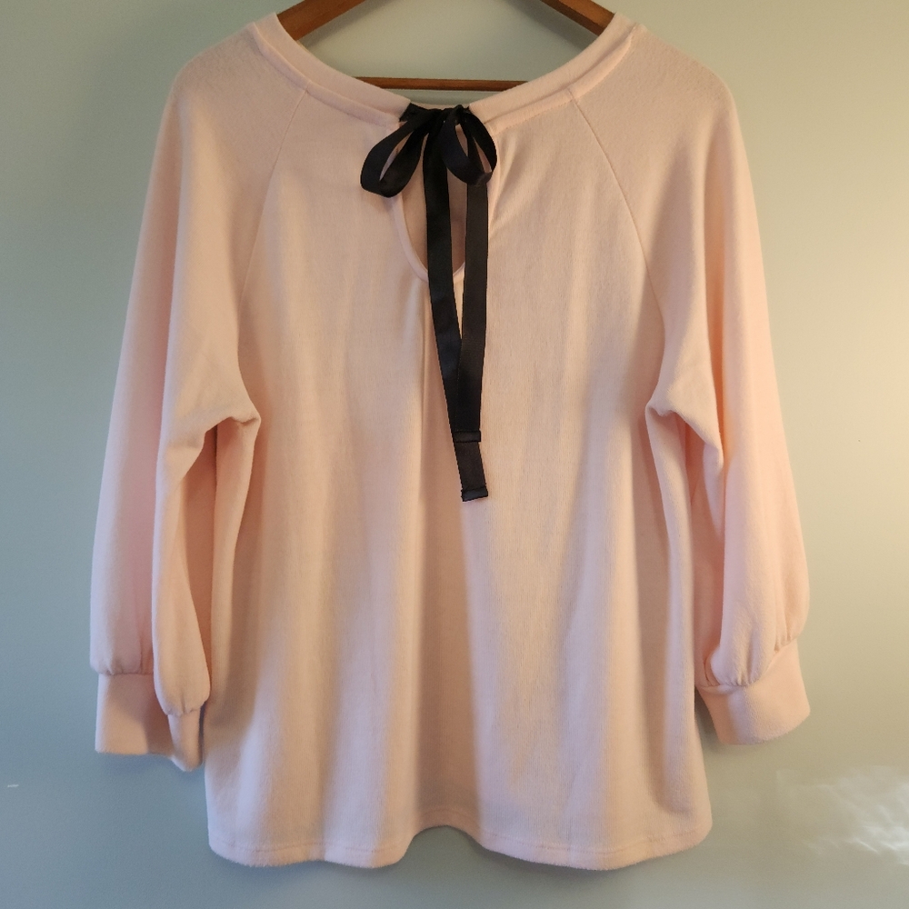 Chic Pink Sweater with Black Ribbon Tie